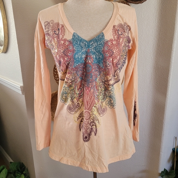 Wrangler Tops - Wrangler Peach and Blue Vneck Women's Top Sz XL Long Sleeve